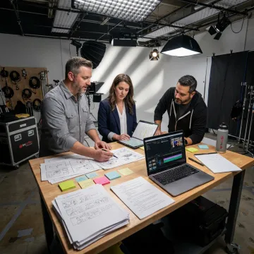 Video production team reviewing storyboard