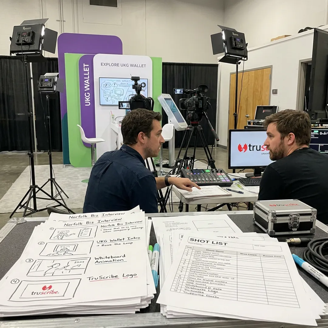 Corporate video production team filming an interview