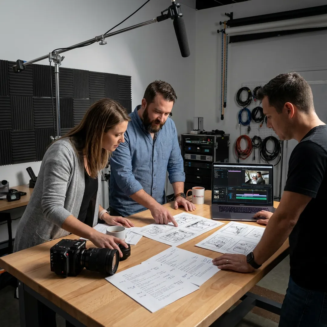 Video production team planning a storyboard