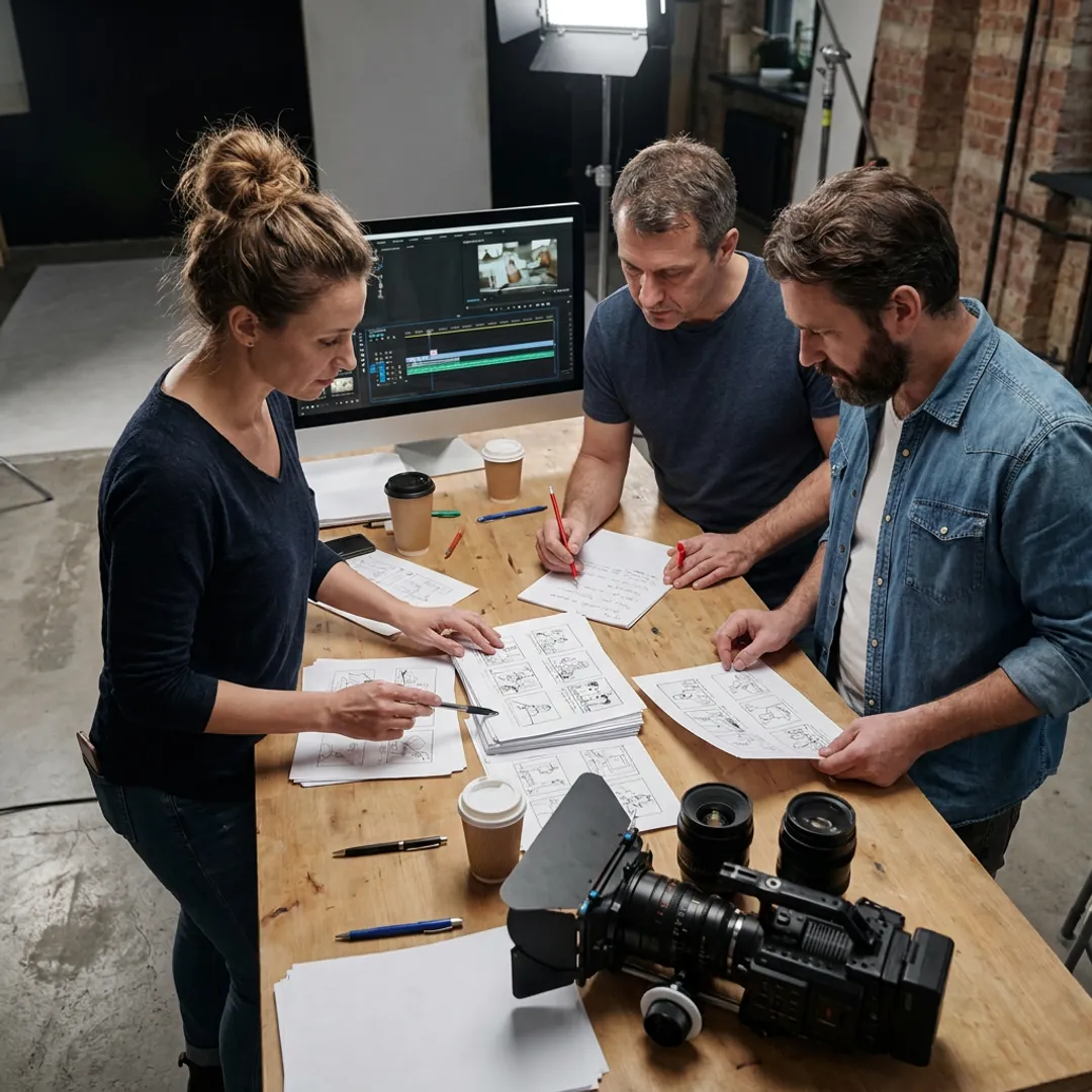 Creative team planning an infomercial video storyboard
