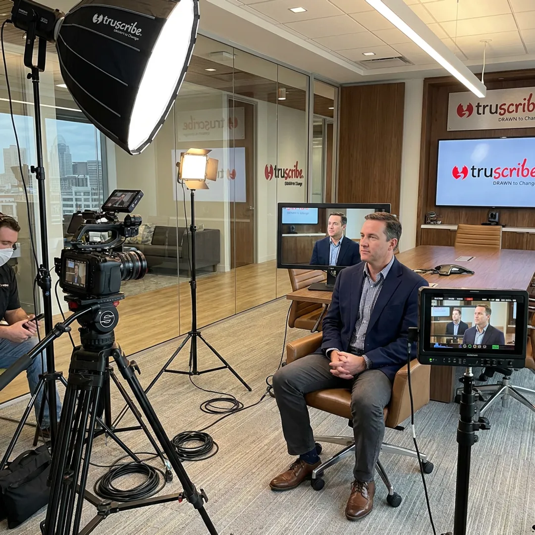Corporate video crew filming in a Cincinnati office