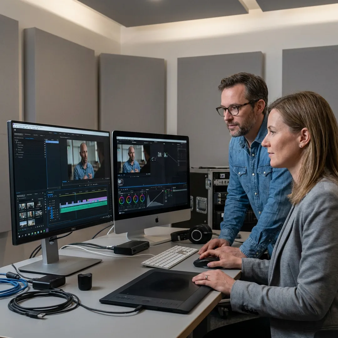 Video production team reviewing customer testimonial footage