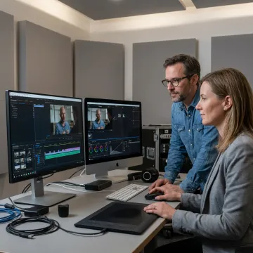 Video production team reviewing customer testimonial footage