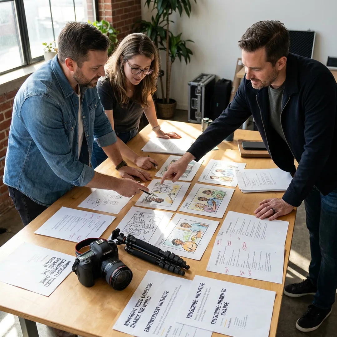 Video production team planning nonprofit storyboard