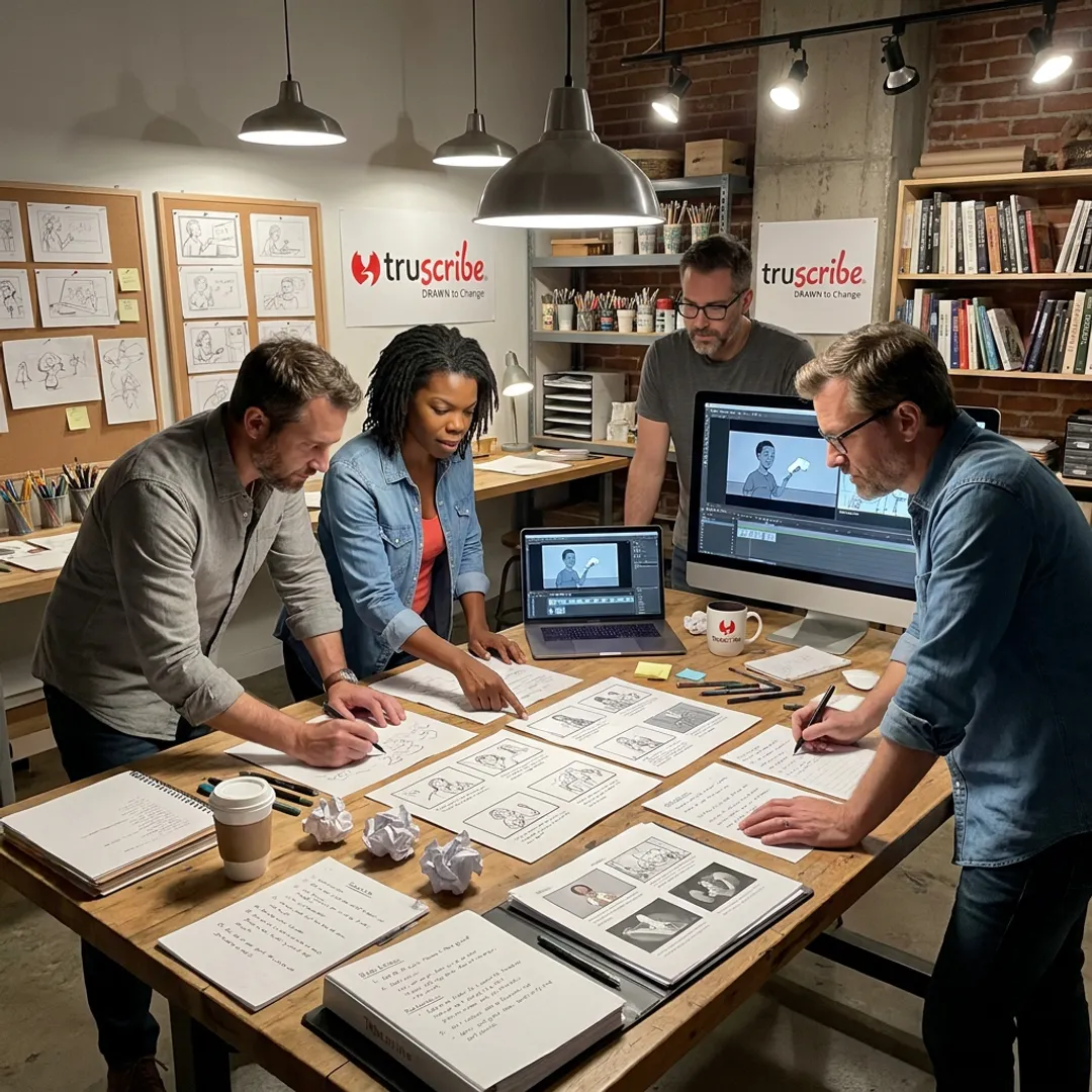 Team reviewing storyboards during video production