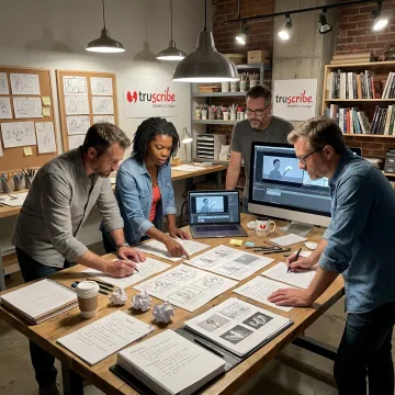 Team reviewing storyboards during video production