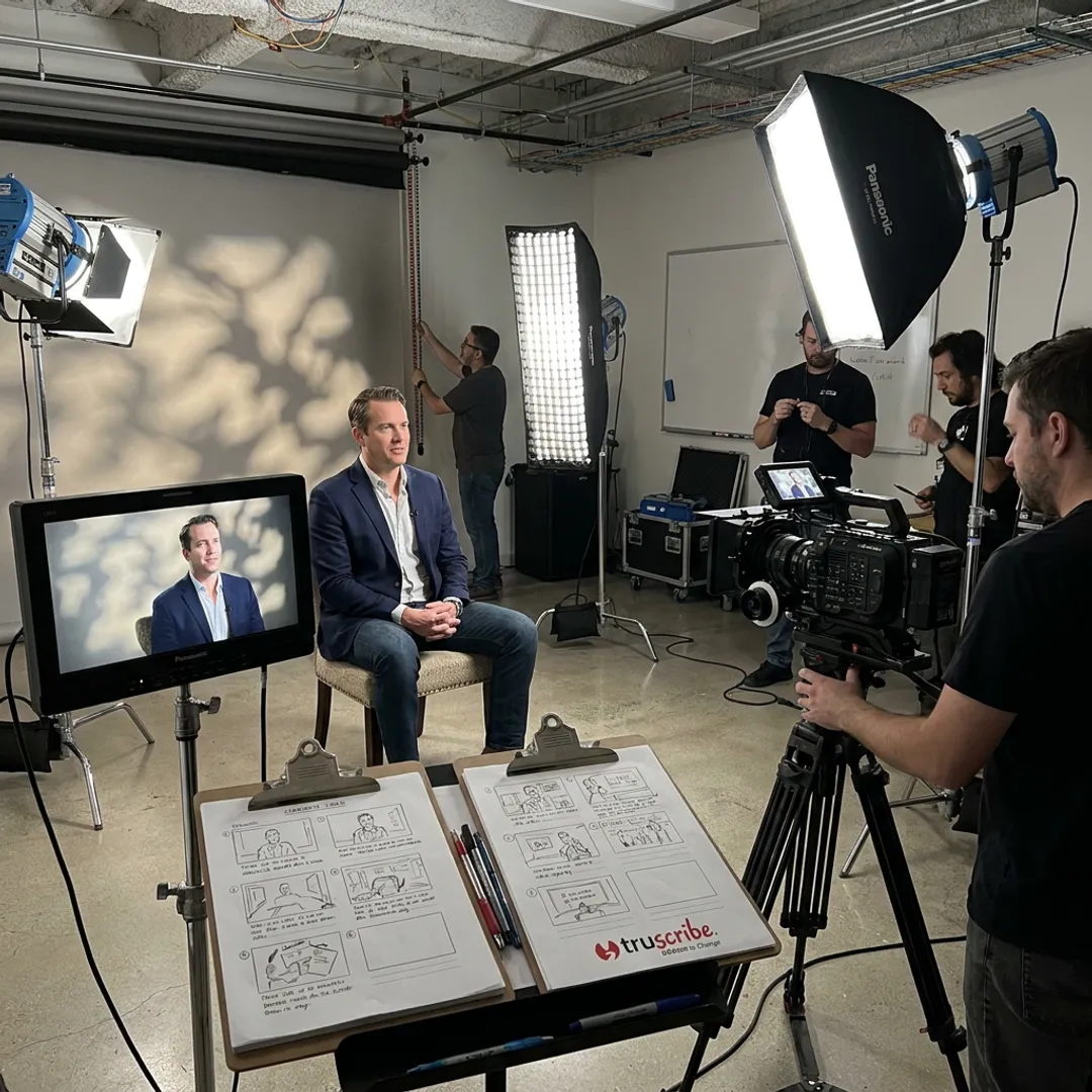 Professional video production team filming business content