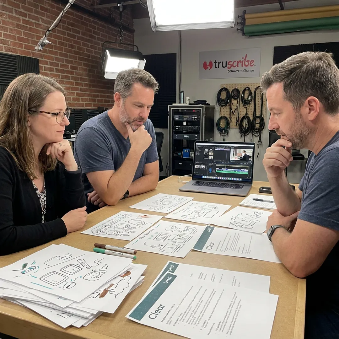 Video production team reviewing storyboard and footage