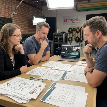 Video production team reviewing storyboard and footage
