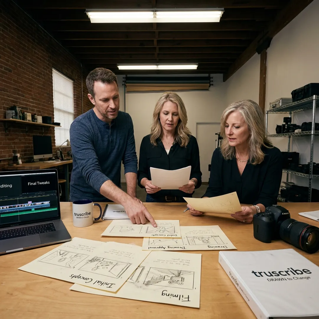 Video production team planning a corporate shoot