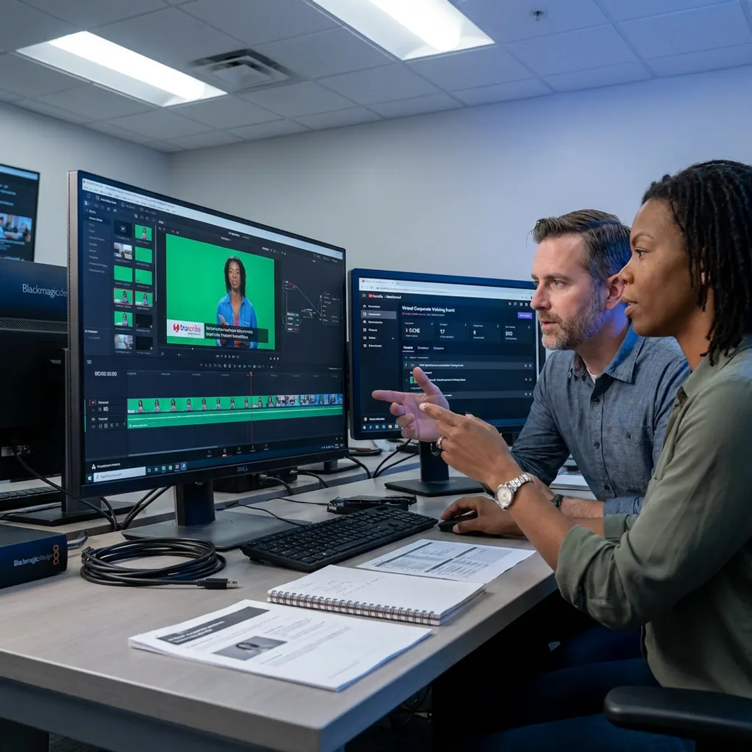 Virtual event production team editing streamed video content