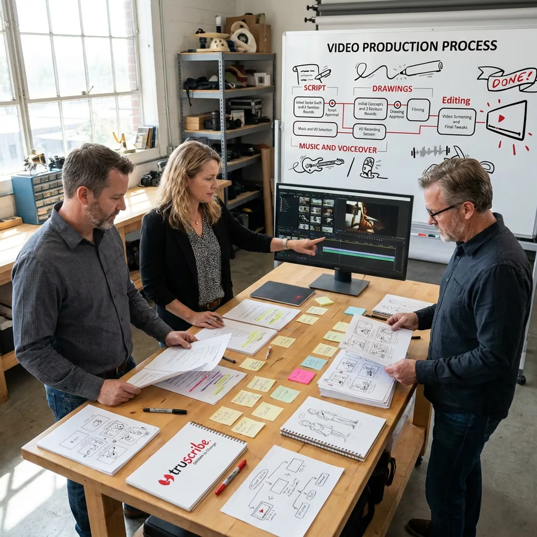 Corporate video production team reviewing storyboard