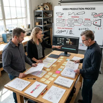 Corporate video production team reviewing storyboard