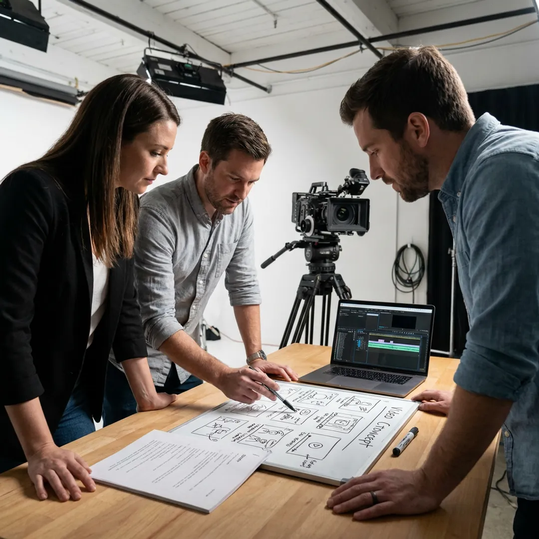 Creative video team planning a whiteboard production