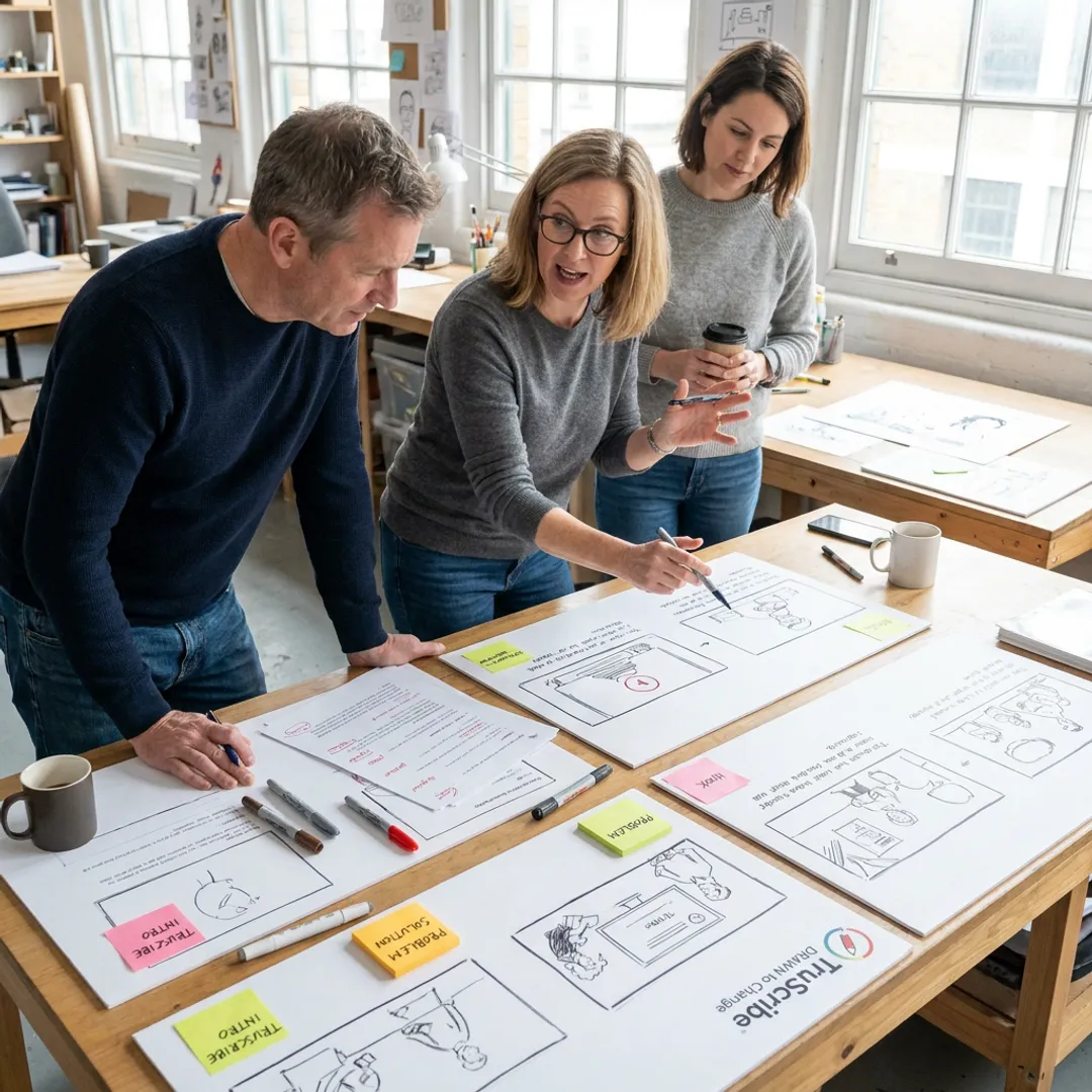 Video production team planning a startup explainer storyboard
