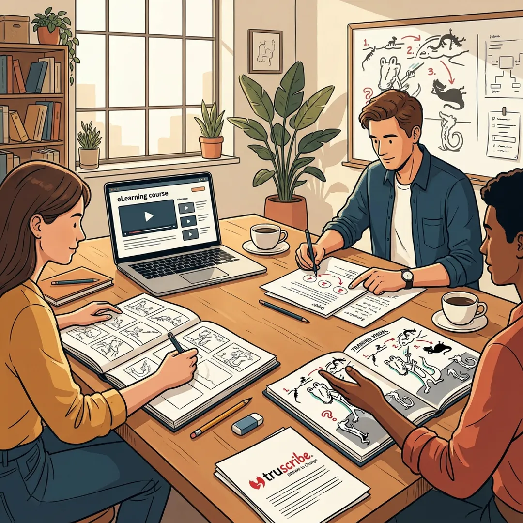 eLearning design team planning illustrated training content