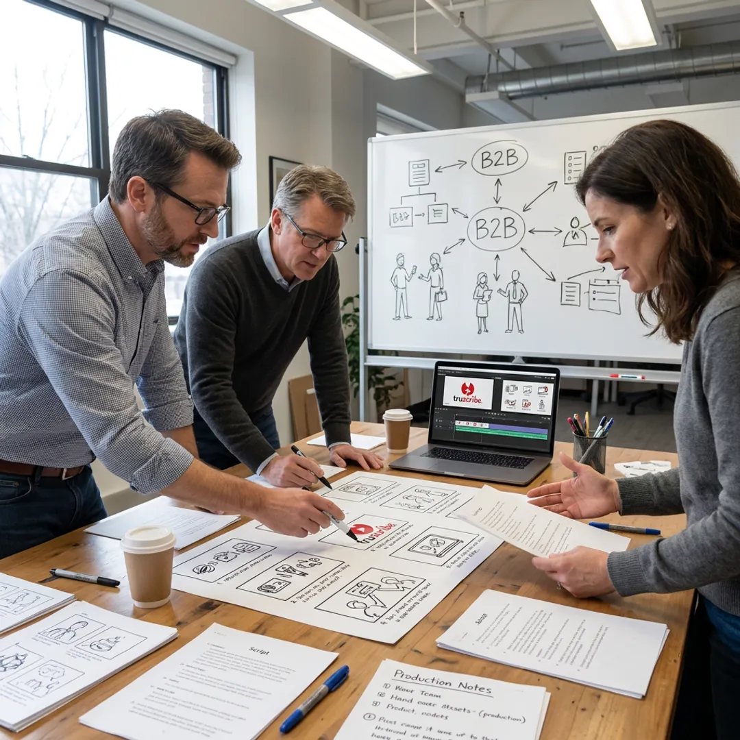 Whiteboard video production team planning a B2B training storyboard