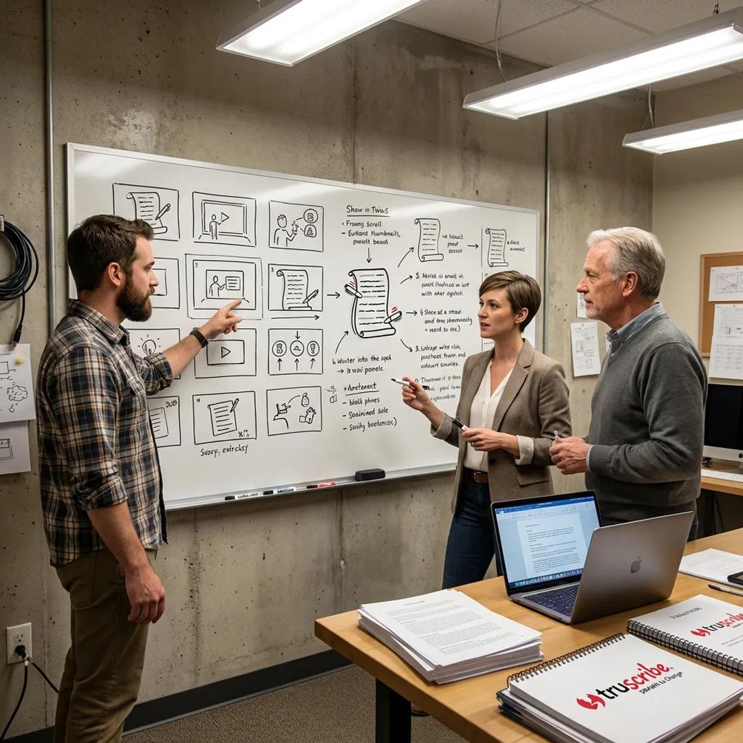 B2B team reviewing a whiteboard explainer video storyboard