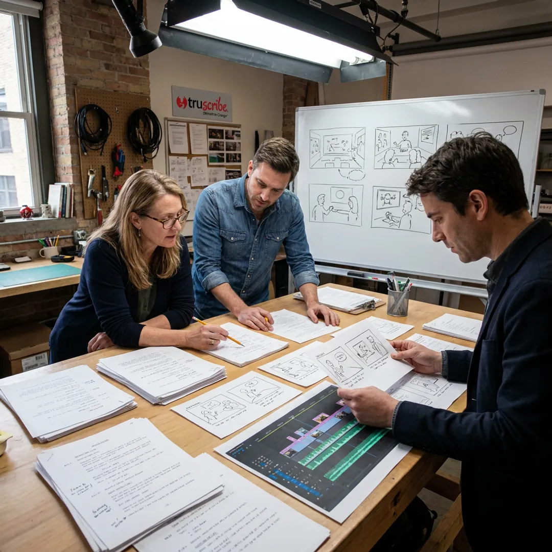 Video production team planning illustrated enterprise content