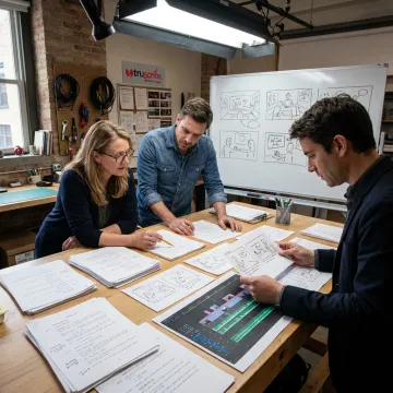 Video production team planning illustrated enterprise content
