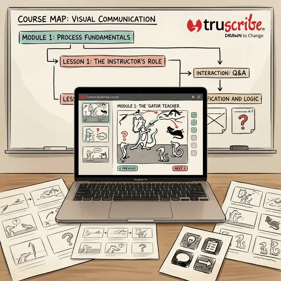 Custom illustrated eLearning development on a laptop