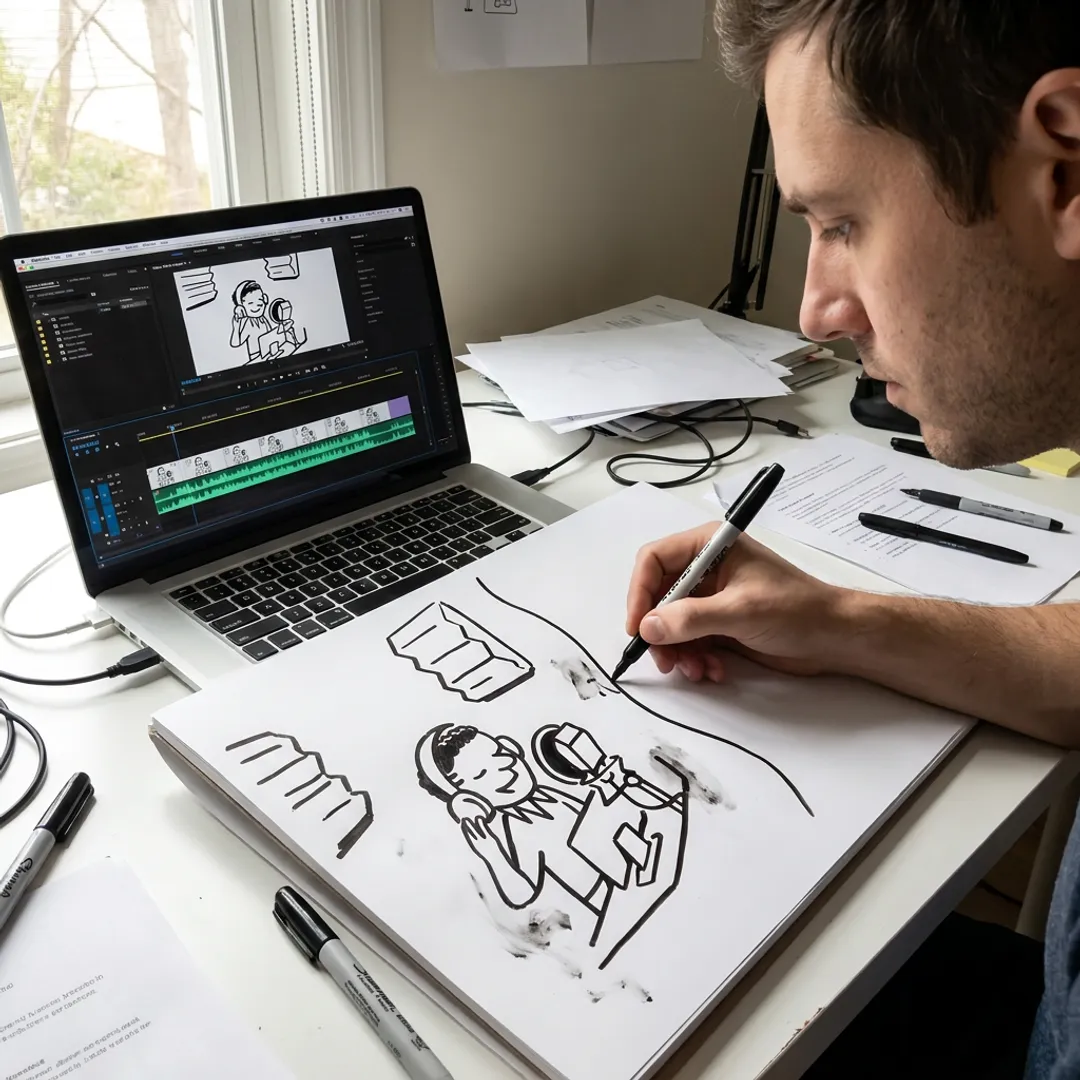 Hand-drawn whiteboard video animation in progress