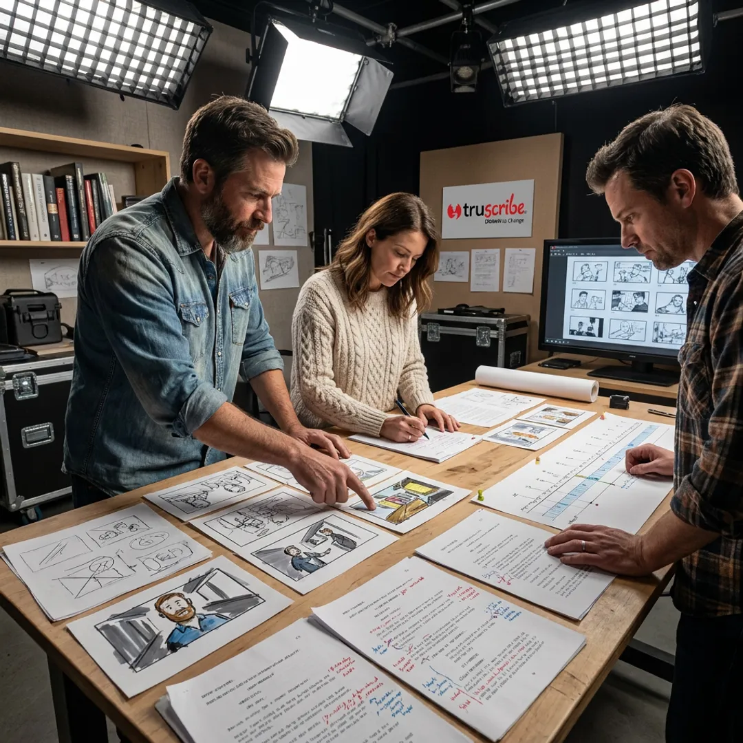 Animation team reviewing explainer video storyboard