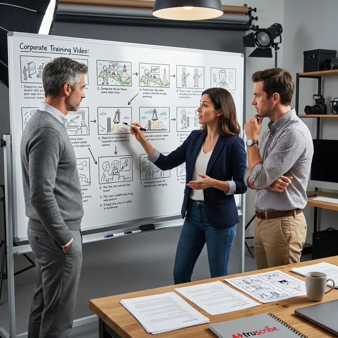 Whiteboard video production team planning corporate training content