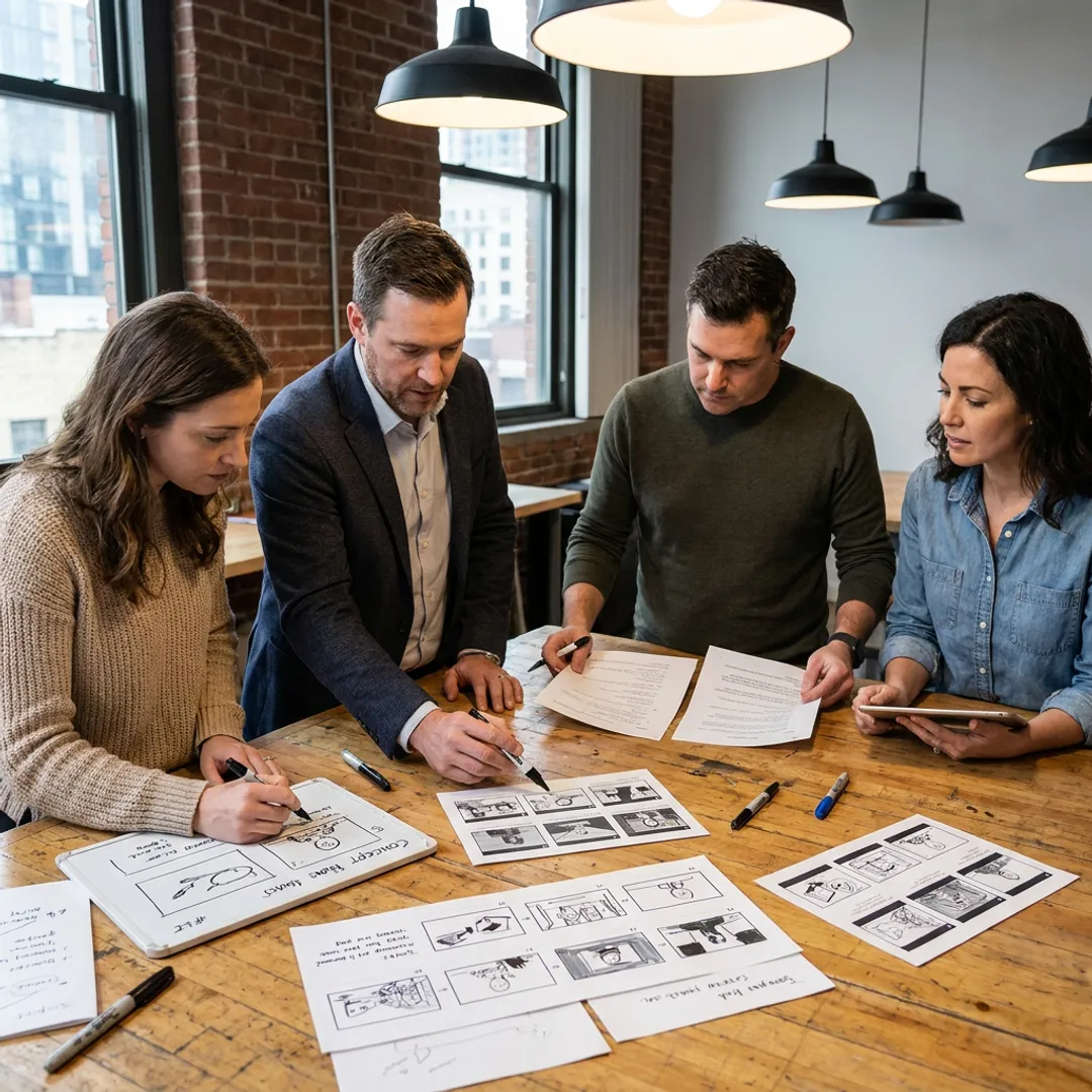 Team reviewing a whiteboard explainer video storyboard