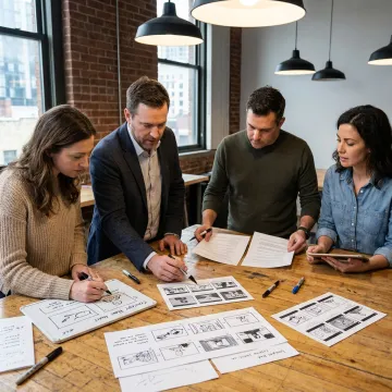 Team reviewing a whiteboard explainer video storyboard