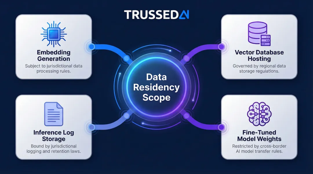Four AI data residency components subject to GDPR and HIPAA compliance rules