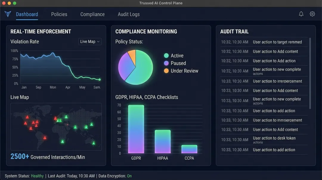 Trussed AI enterprise control plane dashboard showing real-time policy enforcement and compliance metrics