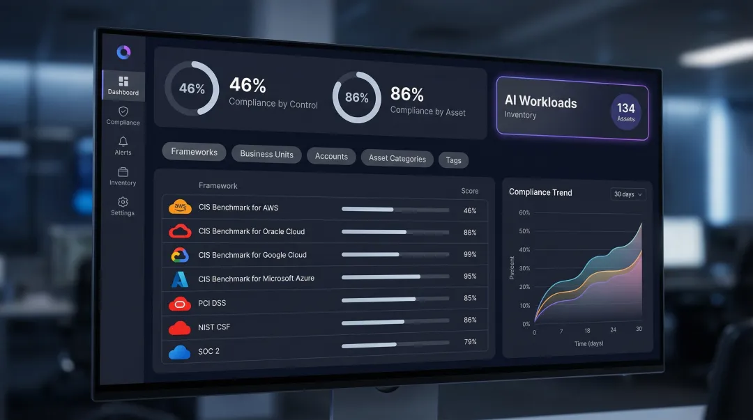 Cloud security CNAPP dashboard displaying multi-cloud AI posture findings and misconfigurations