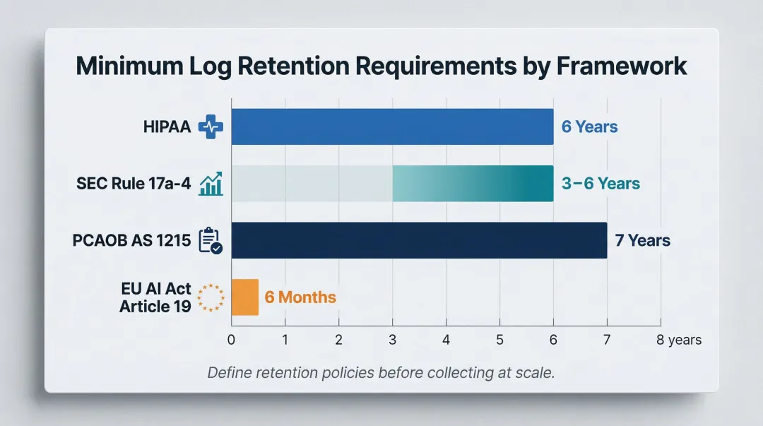 AI audit log retention requirements by regulatory framework comparison timeline infographic