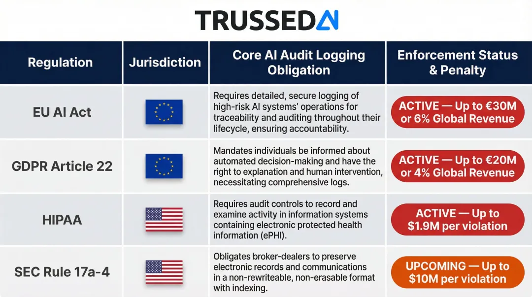 AI compliance regulations comparison table EU AI Act GDPR HIPAA SOX logging obligations