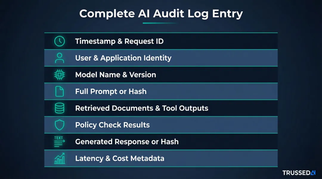Complete AI audit log entry fields and data requirements infographic