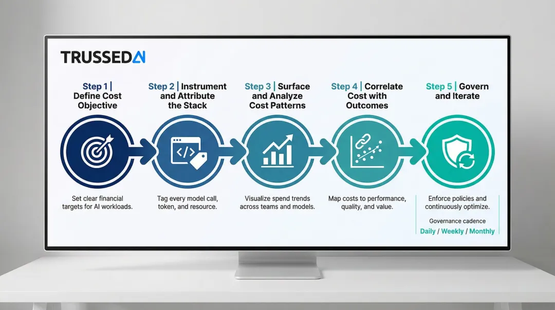5-step AI cost observability implementation process flow for enterprise workflows