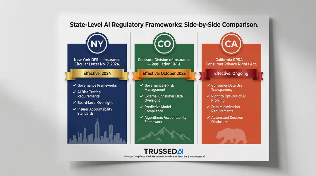 State AI regulatory requirements comparison New York Colorado California financial institutions