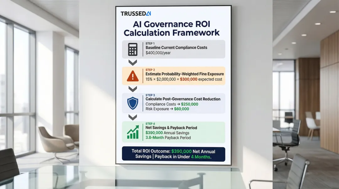 Four-step AI governance ROI calculation framework with sample financial figures