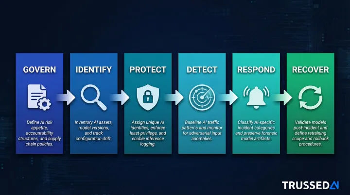 Six CSF 2.0 functions mapped to AI-specific cybersecurity controls and requirements
