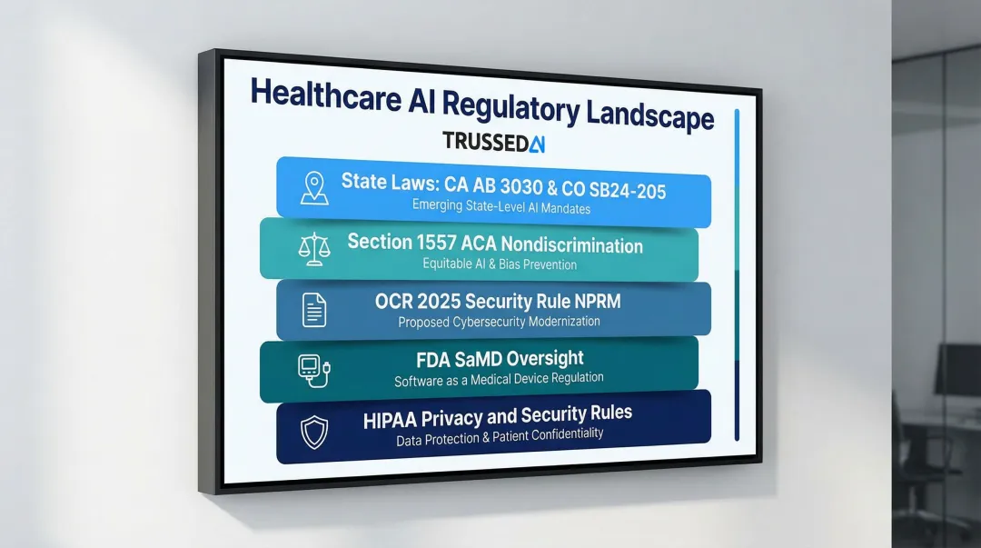 Five-layer healthcare AI regulatory compliance framework overview infographic