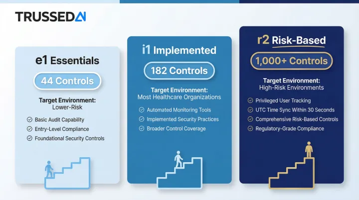 HITRUST three-tier assessment levels e1 i1 r2 audit logging requirements comparison