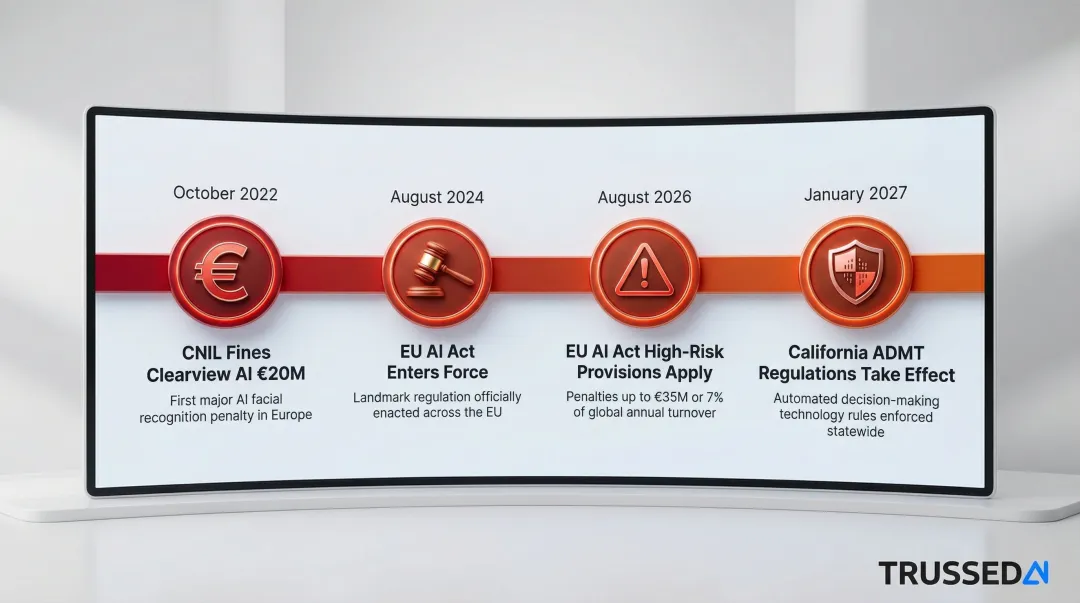 AI regulatory enforcement timeline showing EU AI Act fines and ADMT deadlines