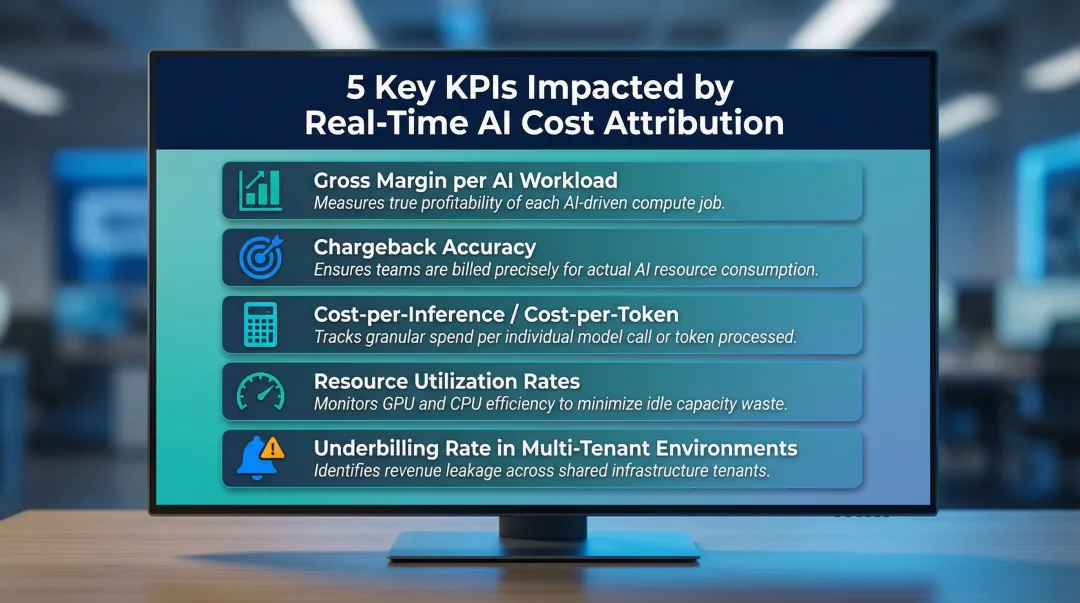 Five AI cost attribution KPIs tracked through real-time governance framework