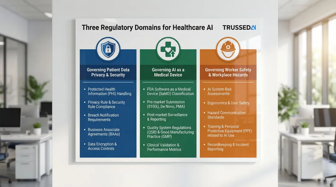 Three healthcare AI regulatory frameworks HIPAA FDA OSHA overview infographic