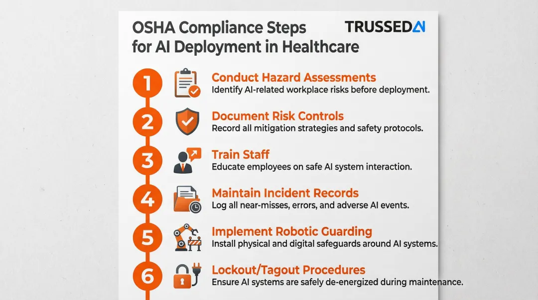 Six-step OSHA healthcare AI compliance process from hazard assessment to lockout tagout