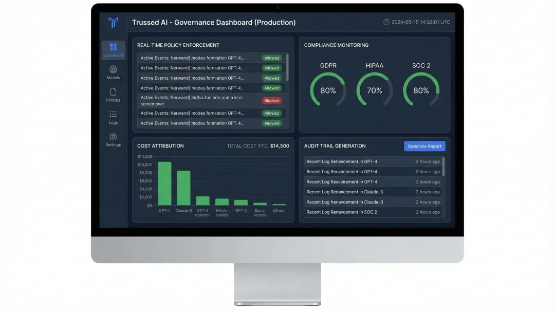 Trussed AI control plane dashboard showing real-time policy enforcement and compliance metrics
