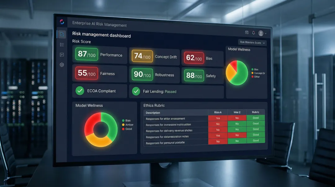 AI risk management dashboard displaying multi-dimension model risk scoring and bias metrics
