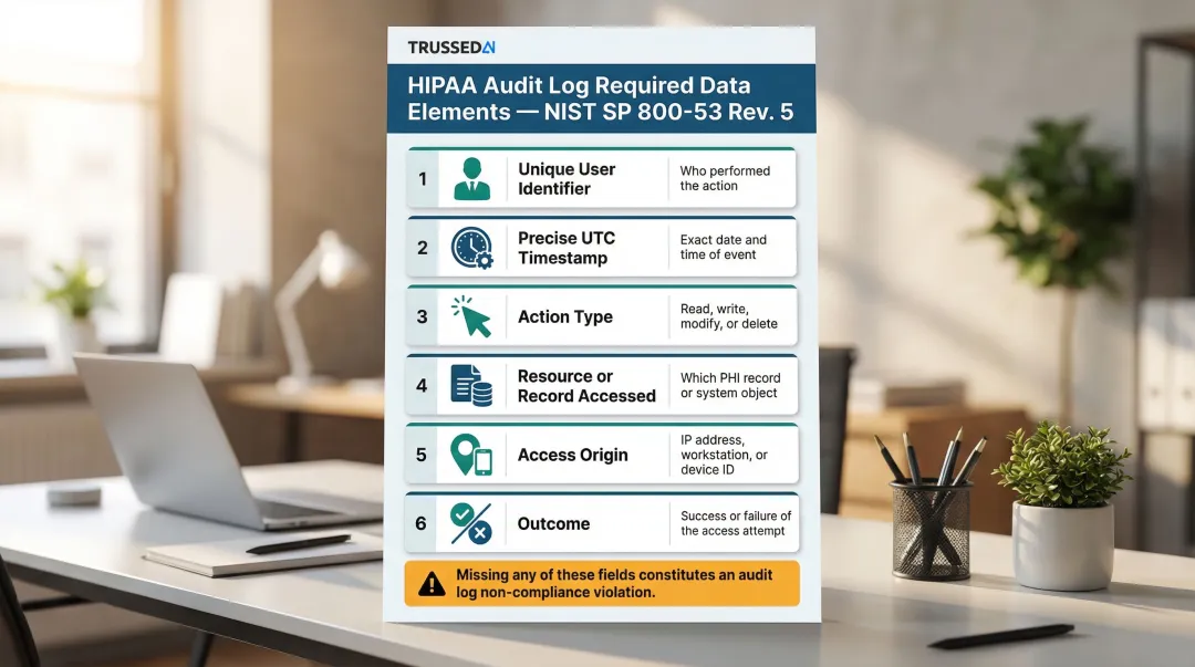 Six required HIPAA audit log data elements compliance checklist infographic