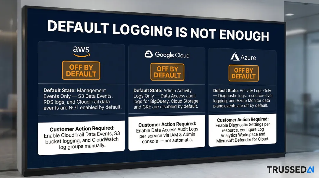AWS Google Cloud Azure default audit logging states and customer configuration responsibilities comparison